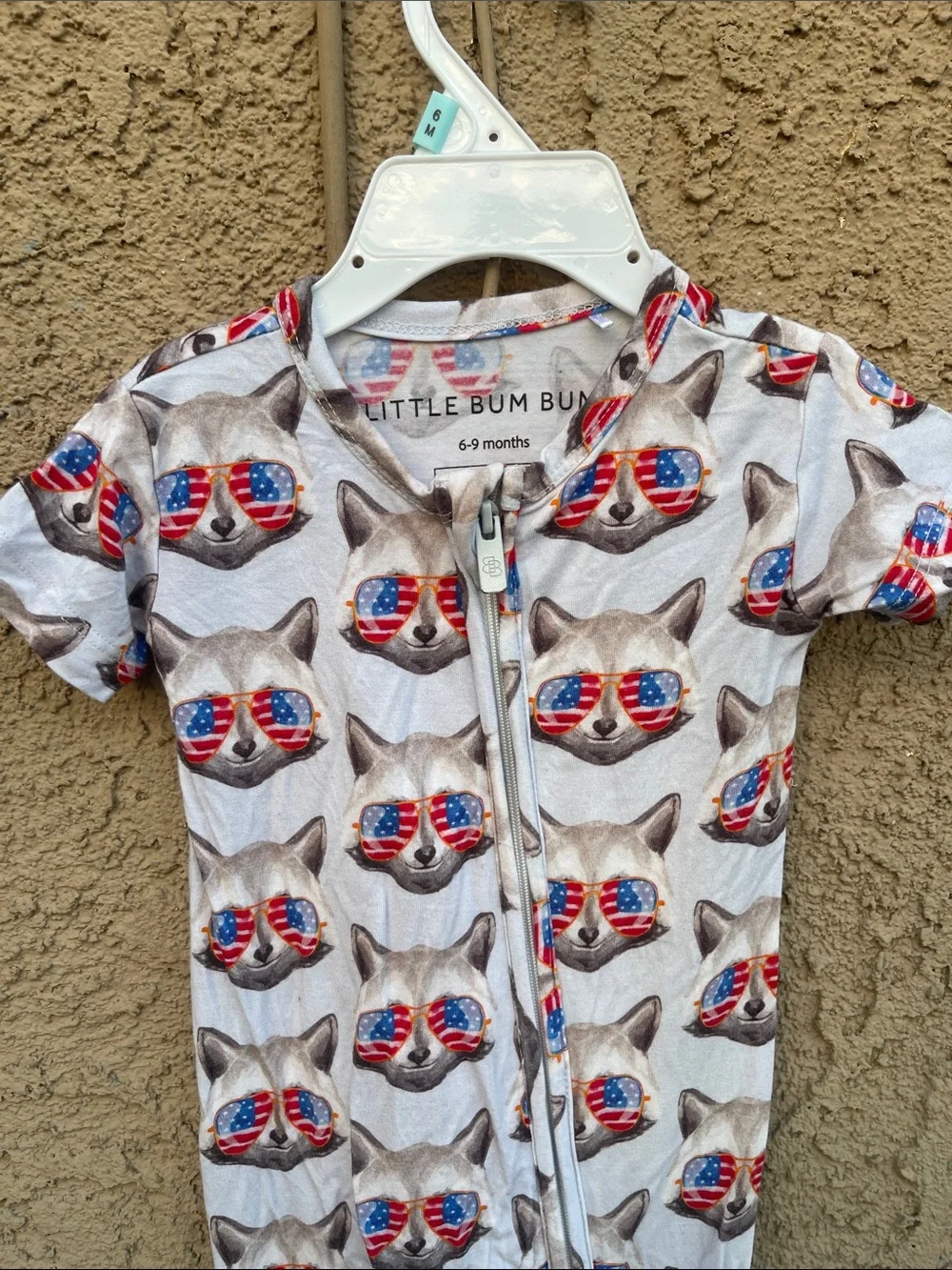 Little Bum Bums Cream Kids One-Piece with American Flag Cat Print Sz 6/9M